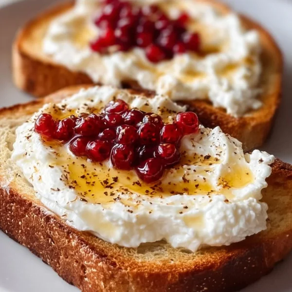 Whipped ricotta honey toast topped with honey and fresh fruit on a wooden table.