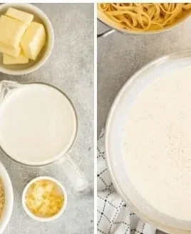 Creamy homemade Alfredo sauce in a bowl with pasta and herbs.