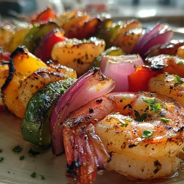Delicious grilled shrimp kabobs on skewers ready to be served.
