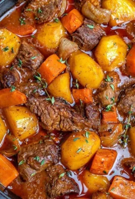 A delicious bowl of beef stew with tender beef, vegetables, and rich broth.