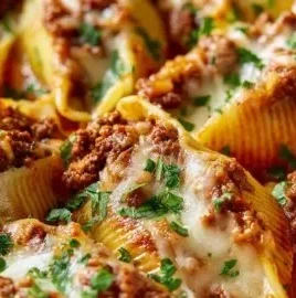 Delicious beef stuffed shells topped with marinara sauce and melted cheese.