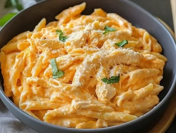 Creamy Buffalo Chicken Alfredo Pasta topped with fresh herbs