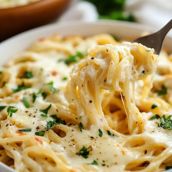 Creamy garlic parmesan spaghetti topped with herbs and cheese.