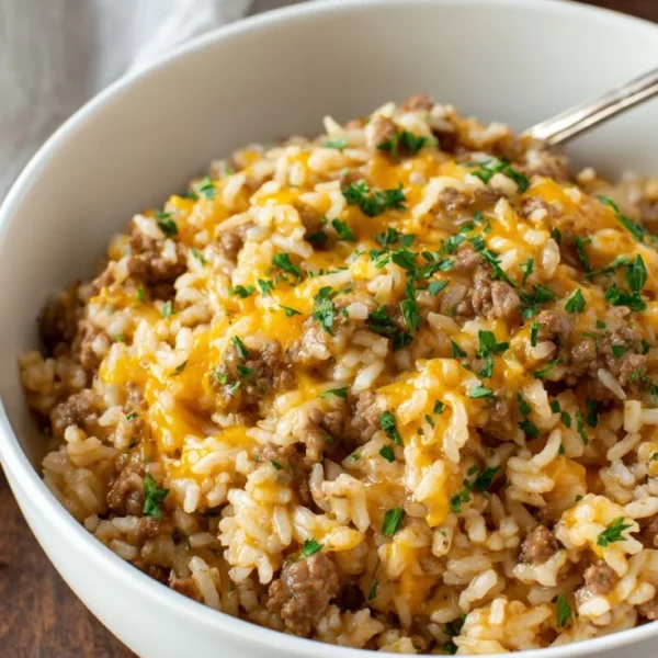 Cheesy ground beef and rice casserole dish ready to serve