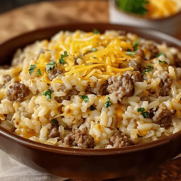 Cheesy hamburger rice casserole in a baking dish, topped with melted cheese