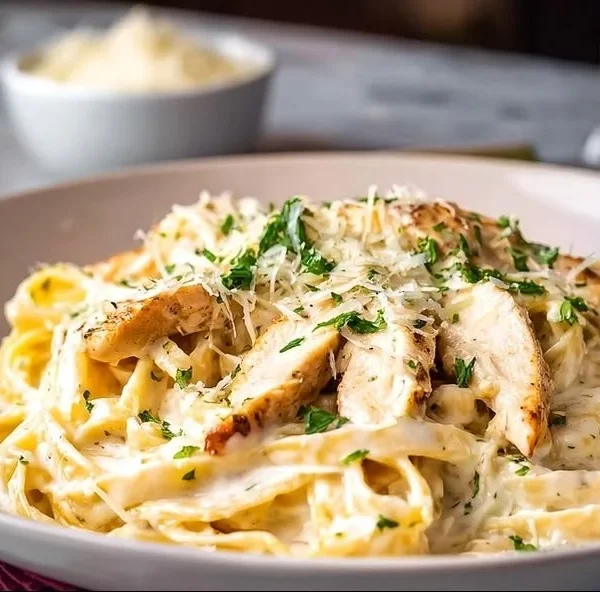 Cheesy one-pot Chicken Alfredo pasta dish, creamy and easy recipe.