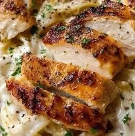 Delicious Chicken Alfredo Pasta in a creamy white sauce served with parsley garnish