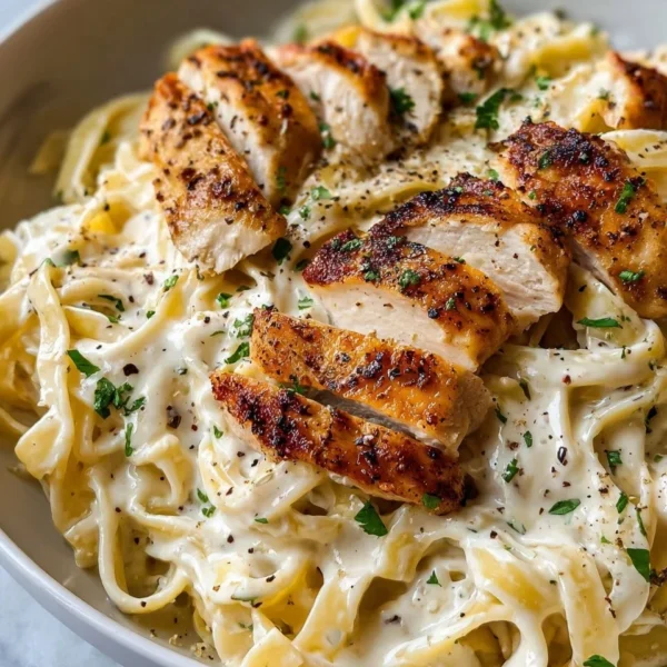 Creamy Chicken Alfredo Pasta topped with parsley and grated Parmesan cheese