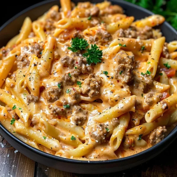 Creamy beef pasta dish garnished with herbs and served in a bowl.