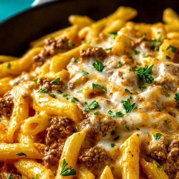 Creamy high protein beef pasta dish with herbs and parmesan cheese
