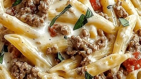 Creamy Rotel pasta with ground beef garnished for a cozy dinner