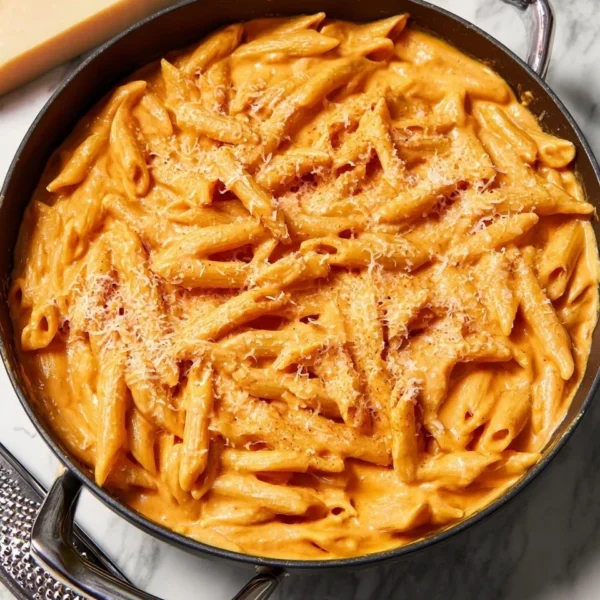 Creamy tomato pasta served in a bowl, garnished with fresh basil and cheese