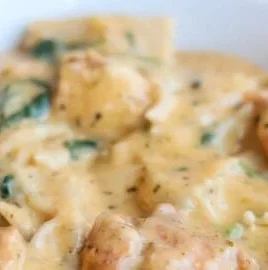 Delicious dairy free Chicken Alfredo served in a bowl with fresh herbs