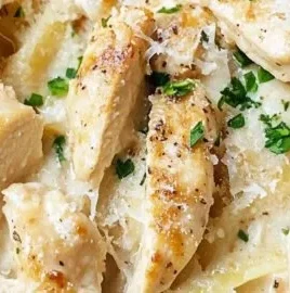 Plate of homemade Chicken Fettuccine Alfredo with creamy sauce and herbs