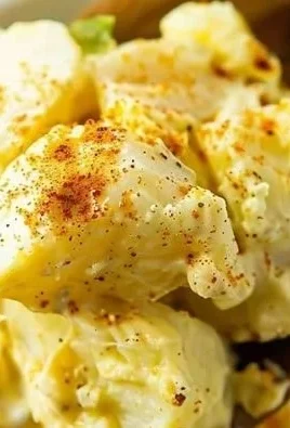 Delicious deviled egg potato salad served in a bowl with garnishes.