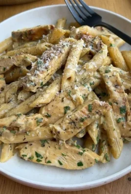 Plate of Garlic Parmesan Chicken served with pasta garnished with herbs