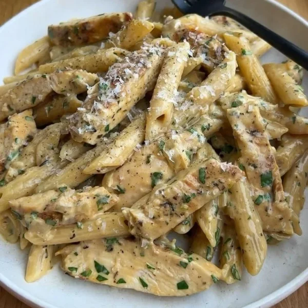 Plate of Garlic Parmesan Chicken served with pasta garnished with herbs