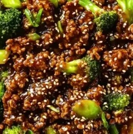Healthy ground beef and broccoli stir-fry dish served in a bowl.