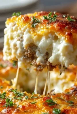 A savory ground beef casserole topped with melted cheese and fresh herbs.