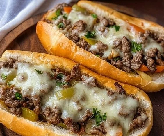 Delicious Ground Beef Philly Cheesesteaks served on a toasted roll