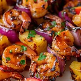 Delicious Hawaiian honey shrimp skewers ready for grilling