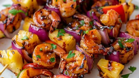 Delicious Hawaiian honey shrimp skewers ready for grilling