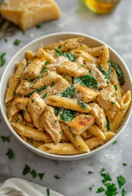Healthy garlic parmesan chicken pasta dish with herbs and parmesan cheese