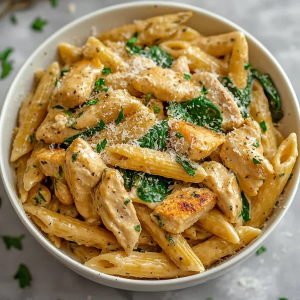 Healthy garlic parmesan chicken pasta dish with herbs and parmesan cheese