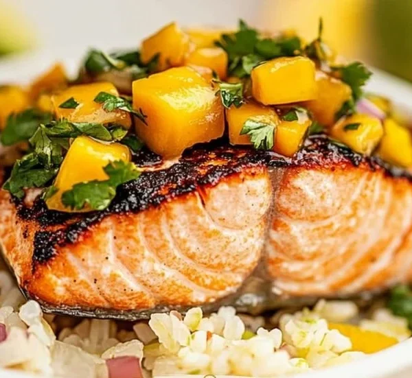 Plate of healthy salmon topped with fresh mango salsa