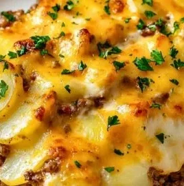 Delicious Hobo Casserole with ground beef and vegetables in a baking dish