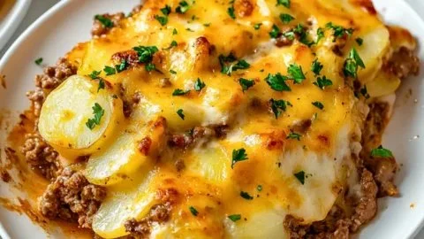 Delicious Hobo Casserole with ground beef and vegetables in a baking dish