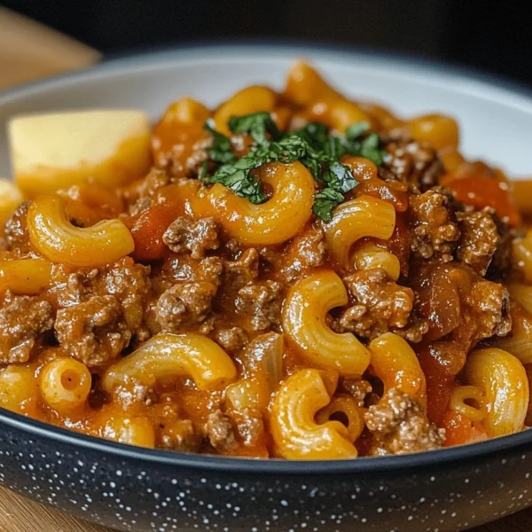 One Pot Beefaroni dish served in a bowl with cheese on top