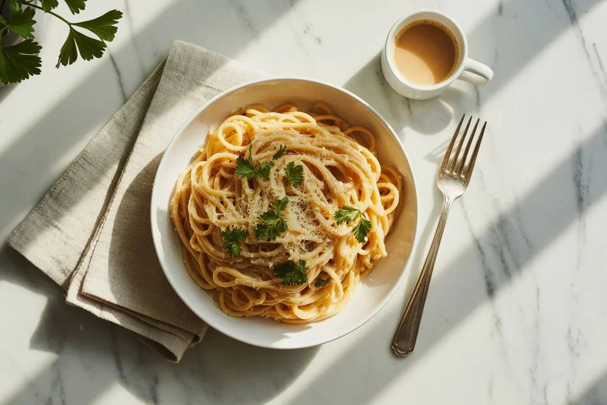 Delicious one pot creamy garlic pasta dish with garlic and herbs