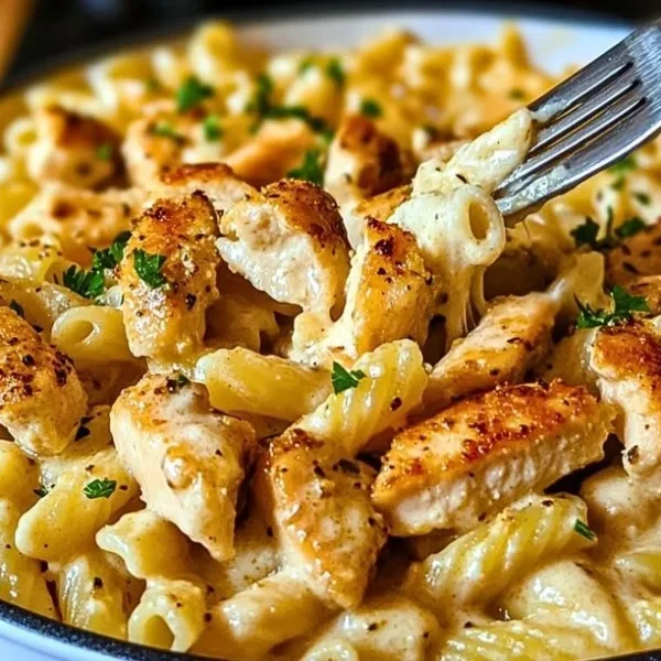 Delicious One Pot Garlic Parmesan Chicken Pasta in a bowl with herbs on top