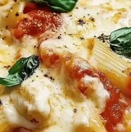 A comforting serving of Pasta alla Sorrentina with melted cheese and fresh basil