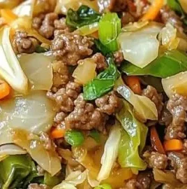 Savory beef and cabbage stir fry dish served in a bowl