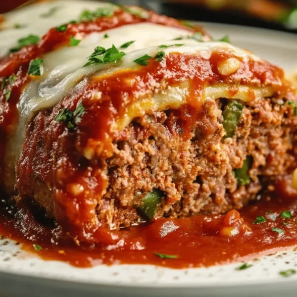 Stuffed Italian meatloaf garnished with herbs and served with marinara sauce