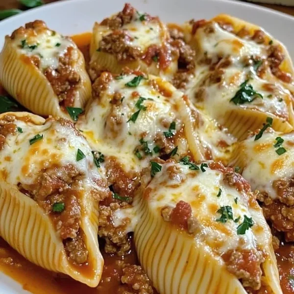 Plate of stuffed pasta shells filled with cheese and herbs in marinara sauce