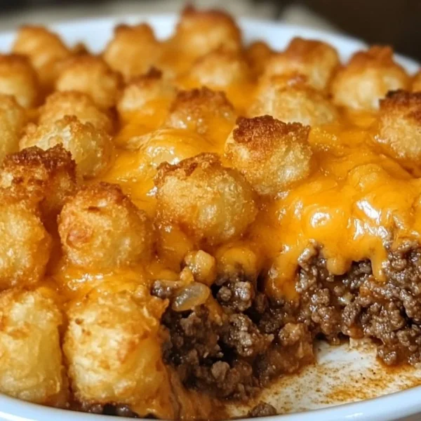 Delicious Tater Tot Casserole with Ground Beef served in a baking dish
