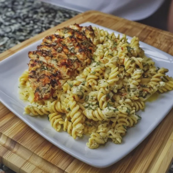 Creamy garlic parmesan chicken pasta dish served on a plate with herbs