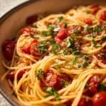 Plate of Tomato Basil Pasta garnished with fresh basil and tomatoes