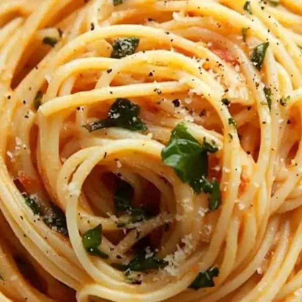 Delicious plate of Tomato Butter Pasta topped with herbs and grated cheese.