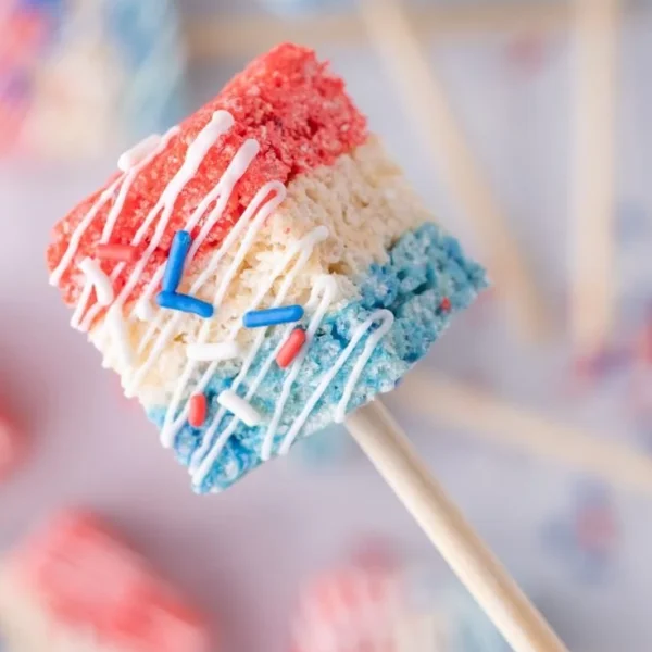4th of July themed Rice Krispie Treats decorated with stars and stripes
