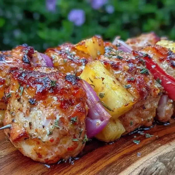 Delicious spicy honey grilled chicken skewers on a festive 4th of July barbecue