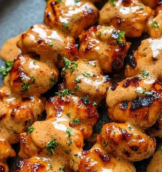 Delicious Bang Bang Chicken Skewers ready to be served