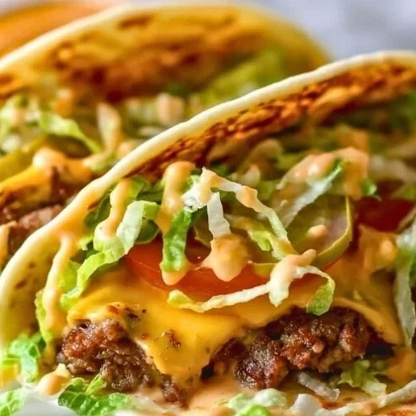 Big Mac style smash burger tacos with fresh ingredients and delicious toppings.