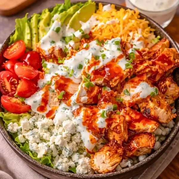Delicious Buffalo Chicken Protein Bowl filled with healthy ingredients