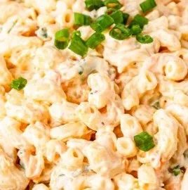 Bowl of classic Hawaiian macaroni salad with colorful ingredients
