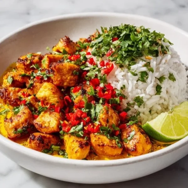 Delicious Coconut Chicken Rice Bowl with vibrant vegetables and coconut sauce
