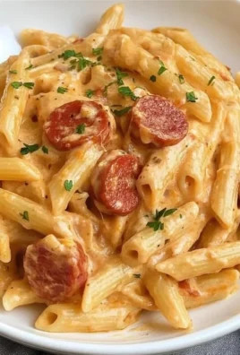 Creamy kielbasa pasta dish served with fresh herbs and parmesan cheese